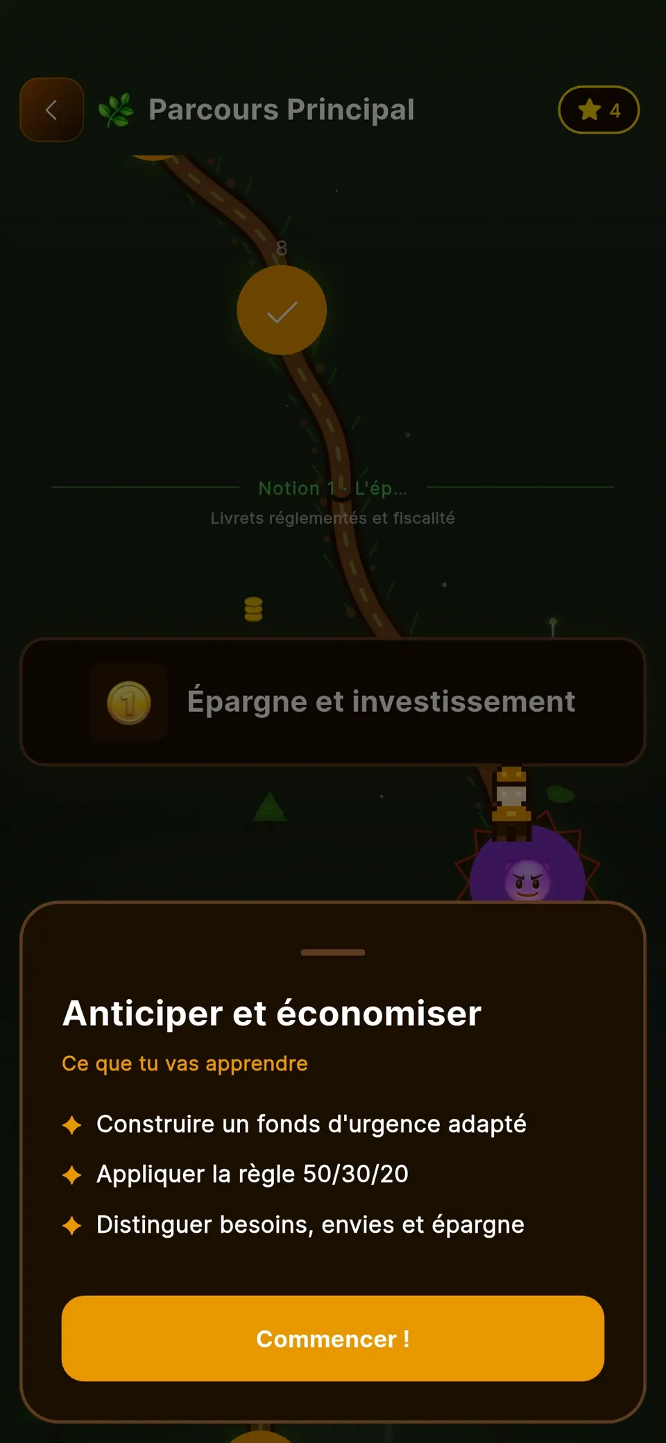 Fiche de l'activité « Anticiper et économiser » : construire un fonds d'urgence adapté, appliquer la règle 50/30/20, distinguer besoins, envies et épargne. Bouton Commencer.