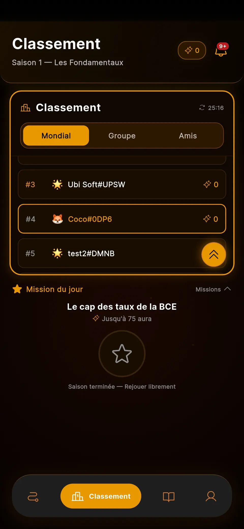 Carte Mission du jour de l'app : « Le cap des taux de la BCE », jusqu'à 75 Aura.