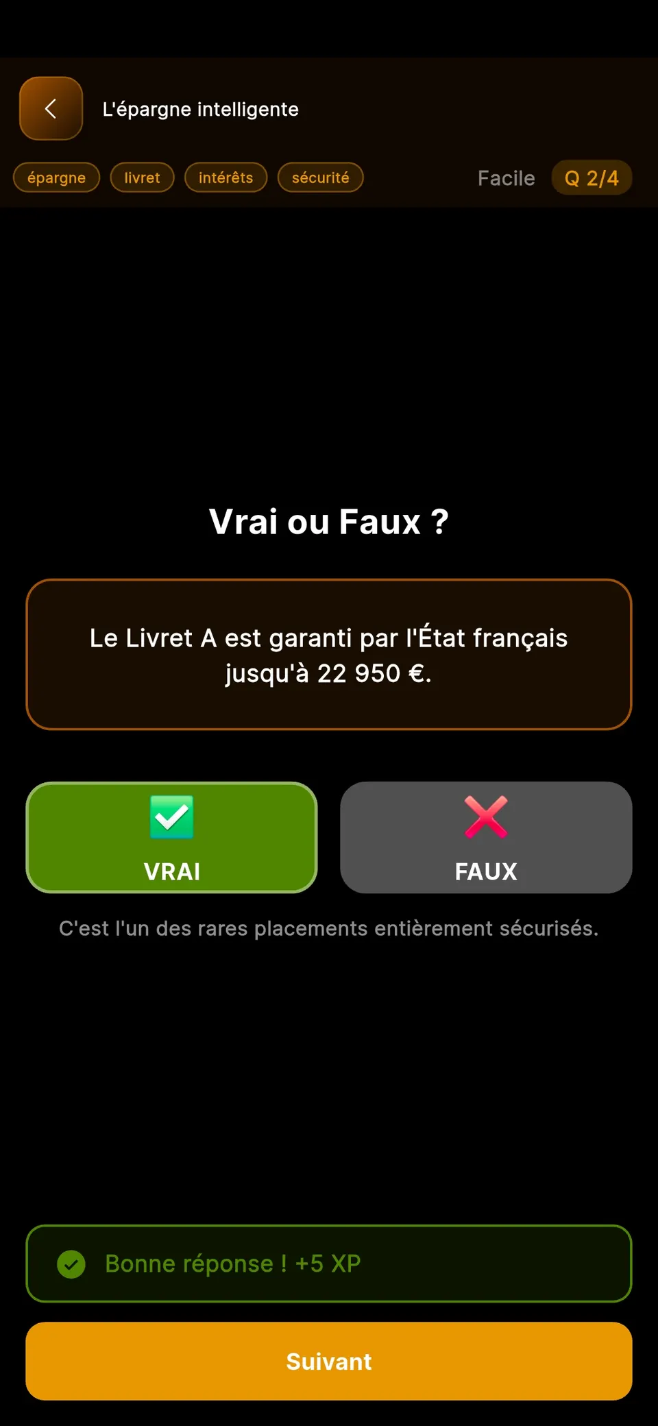 Mini-jeu Vrai ou faux : « Le Livret A est garanti par l'État français jusqu'à 22 950 €. » La réponse Vrai est sélectionnée.