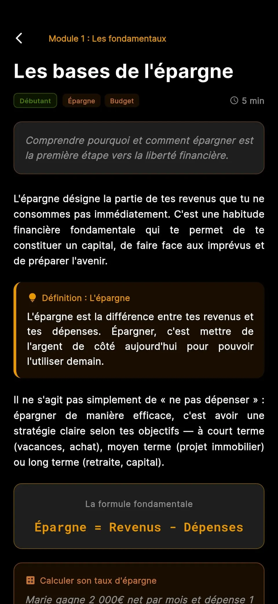 Leçon « Les bases de l'épargne », ancienne interface : encadré Définition, un paragraphe et la carte « La formule fondamentale » : Épargne = Revenus − Dépenses.