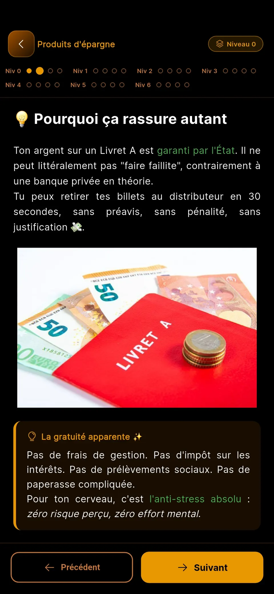 Début d'une leçon sur le Livret A : niveaux de profondeur 0 à 6, titre « Pourquoi ça rassure autant » et premier paragraphe.