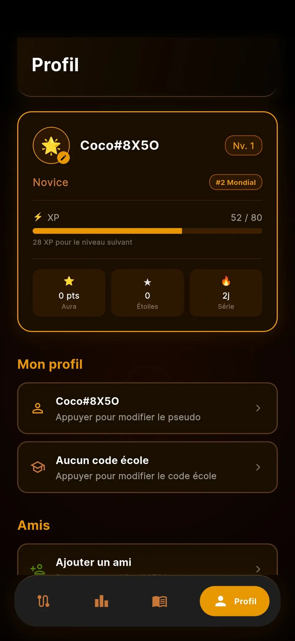 Profil, ancienne interface : pseudo, code école à renseigner, rubrique Amis avec « Ajouter un ami », sous la barre de navigation de l'app.